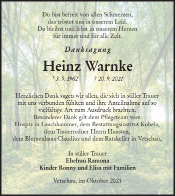 Traueranzeige von Heinz Warnke von lausitzer_rundschau