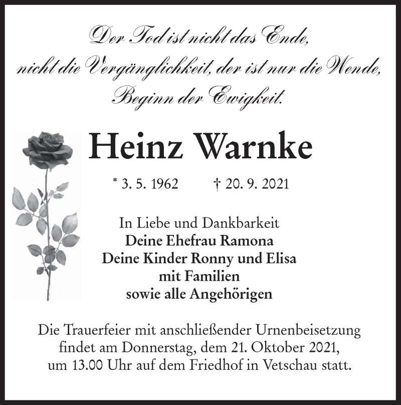  Traueranzeige für Heinz Warnke vom 02.10.2021 aus lausitzer_rundschau