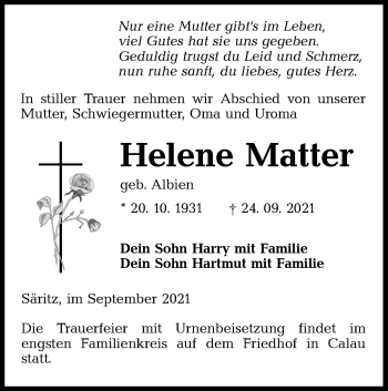 Traueranzeige von Helene Matter von lausitzer_rundschau