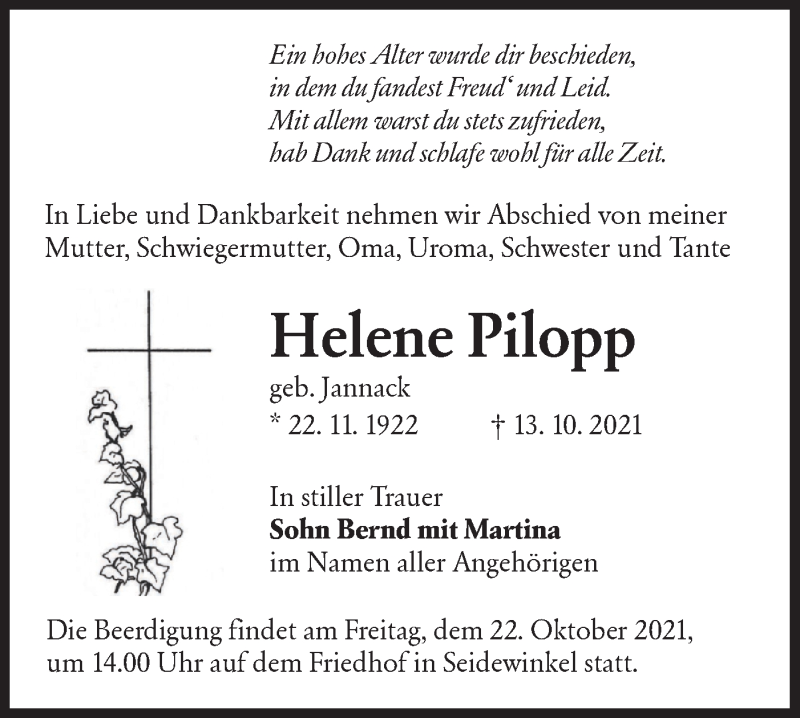  Traueranzeige für Helene Pilopp vom 16.10.2021 aus lausitzer_rundschau
