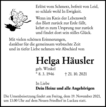 Traueranzeige von Helga Häusler von lausitzer_rundschau