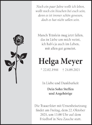Traueranzeige von Helga Meyer von lausitzer_rundschau