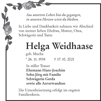 Traueranzeige von Helga Weidhaase von lausitzer_rundschau