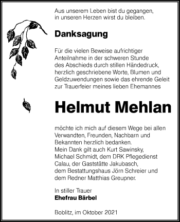 Traueranzeige von Helmut Mehlan von lausitzer_rundschau