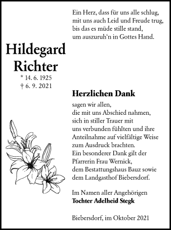 Traueranzeige von Hildegard Richter von lausitzer_rundschau