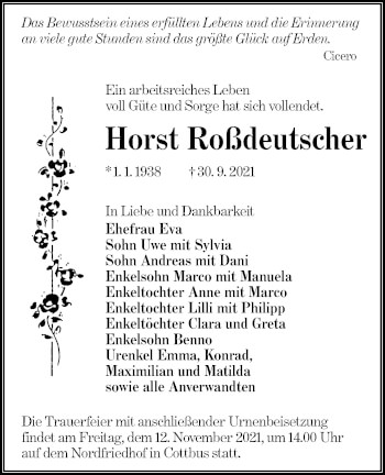 Traueranzeige von Horst Roßdeutscher von lausitzer_rundschau