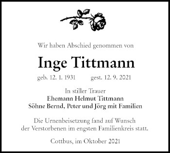 Traueranzeige von Inge Tittmann von lausitzer_rundschau