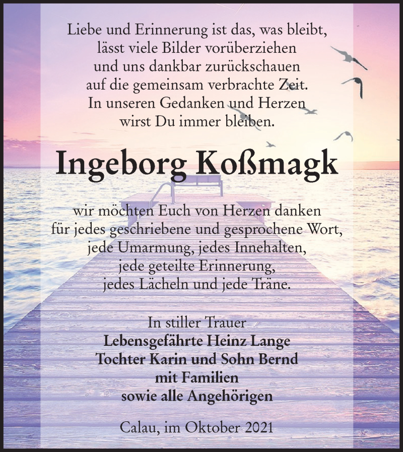  Traueranzeige für Ingeborg Koßmagk vom 16.10.2021 aus lausitzer_rundschau