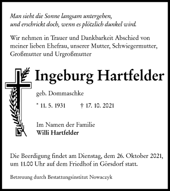 Traueranzeige von Ingeburg Hartfelder von lausitzer_rundschau