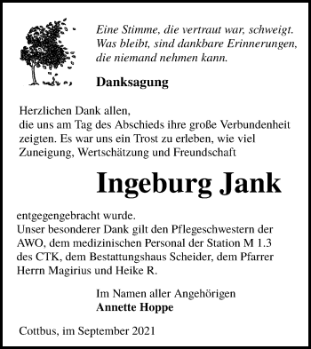 Traueranzeige von Ingeburg Jank von lausitzer_rundschau