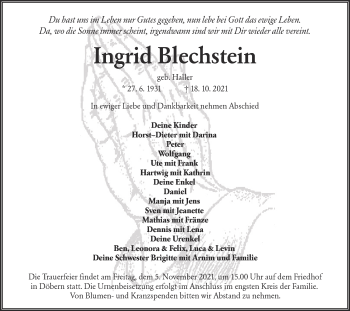 Traueranzeige von Ingrid Blechstein von lausitzer_rundschau