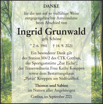 Traueranzeige von Ingrid Grunwald von lausitzer_rundschau