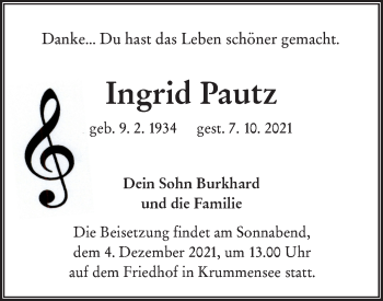 Traueranzeige von Ingrid Pautz von lausitzer_rundschau