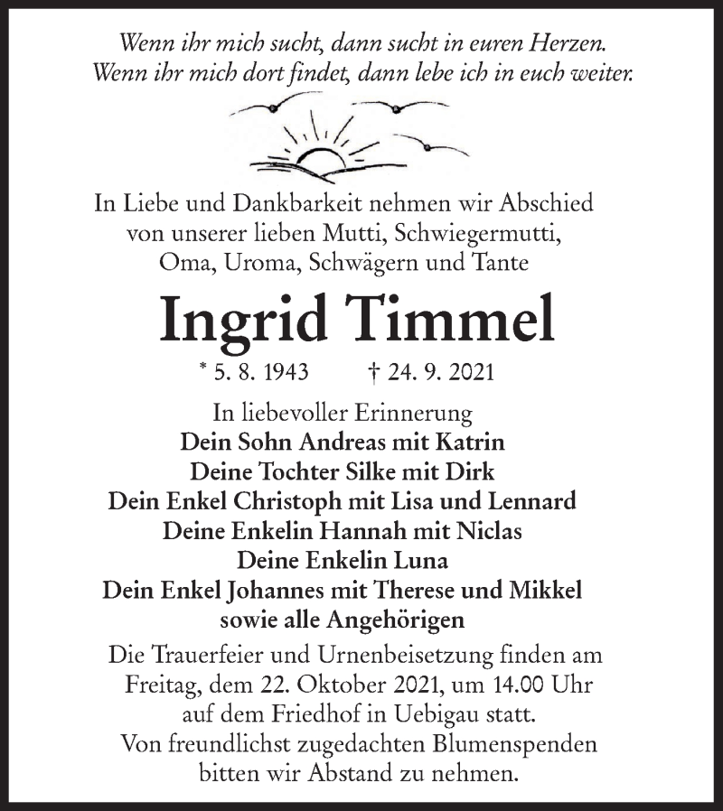  Traueranzeige für Ingrid Timmel vom 02.10.2021 aus lausitzer_rundschau