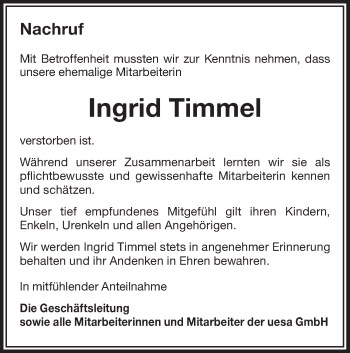 Traueranzeige von Ingrid Timmel von lausitzer_rundschau