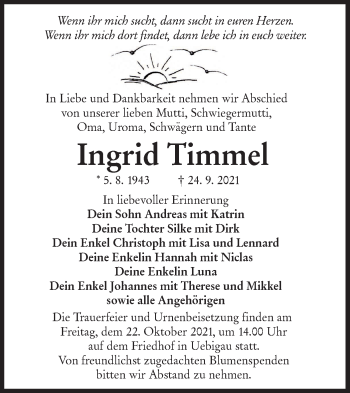 Traueranzeige von Ingrid Timmel von lausitzer_rundschau