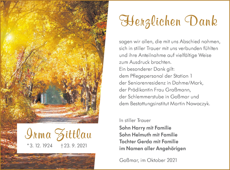  Traueranzeige für Irma Zittlau vom 23.10.2021 aus lausitzer_rundschau