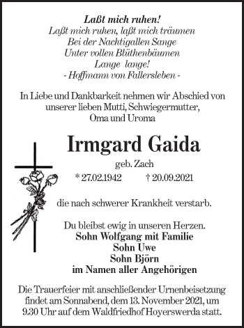 Traueranzeige von Irmgard Gaida von lausitzer_rundschau