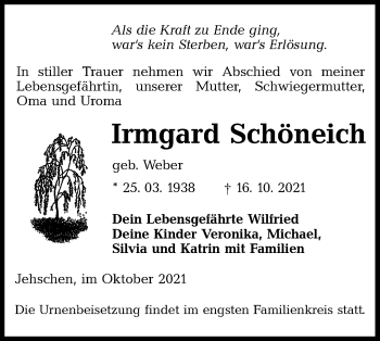 Traueranzeige von Irmgard Schöneich von lausitzer_rundschau