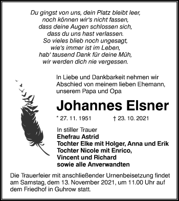 Traueranzeige von Johannes Elsner von lausitzer_rundschau