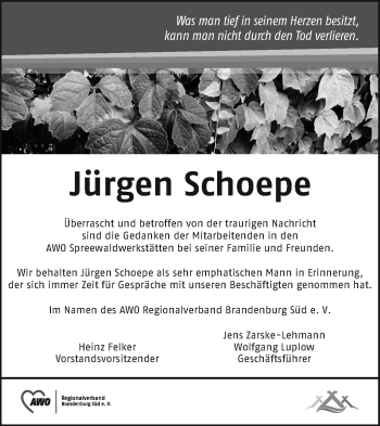 Traueranzeige von Jürgen Schoepe von lausitzer_rundschau