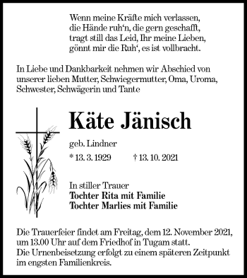 Traueranzeige von Käte Dänisch von lausitzer_rundschau