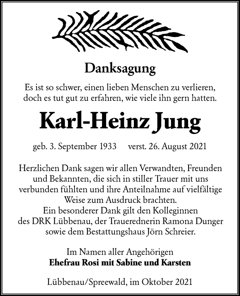 Traueranzeige für Karl-Heinz Jung vom 16.10.2021 aus lausitzer_rundschau
