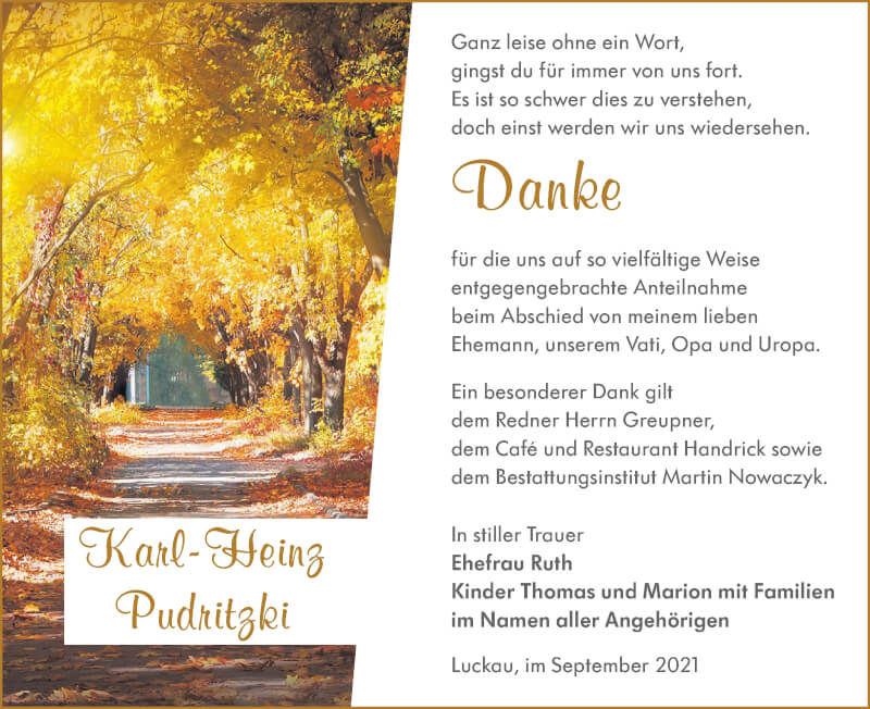  Traueranzeige für Karl-Heinz Pudritzki vom 09.10.2021 aus lausitzer_rundschau