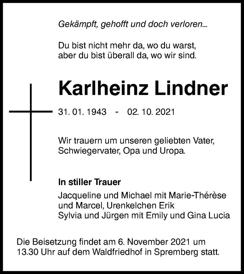  Traueranzeige für Karlheinz Lindner vom 23.10.2021 aus lausitzer_rundschau