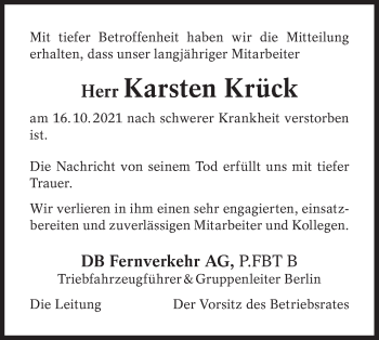 Traueranzeige von Karsten Krück von lausitzer_rundschau