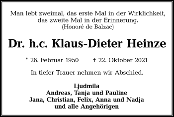 Traueranzeige von Klaus-Dieter Heinze von lausitzer_rundschau