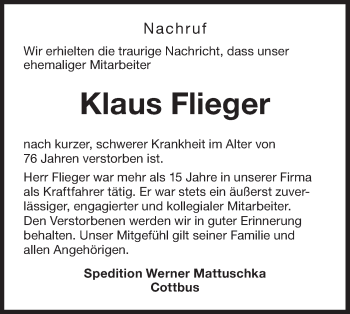 Traueranzeige von Klaus Flieger von lausitzer_rundschau