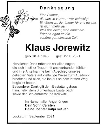 Traueranzeige von Klaus Jorewitz von lausitzer_rundschau