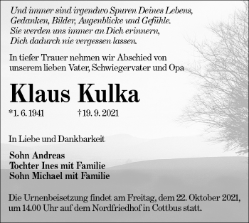 Traueranzeige von Klaus Kulka von lausitzer_rundschau