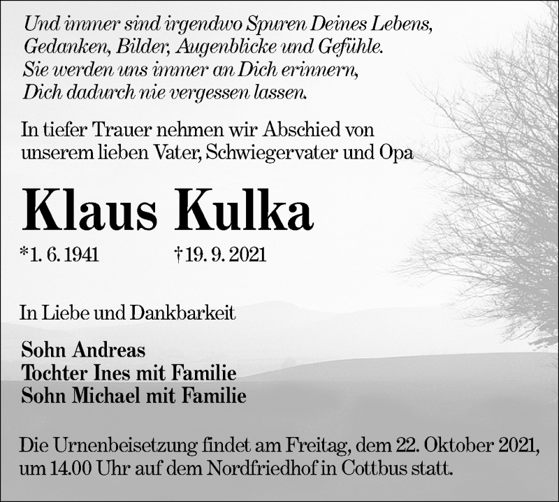  Traueranzeige für Klaus Kulka vom 02.10.2021 aus lausitzer_rundschau