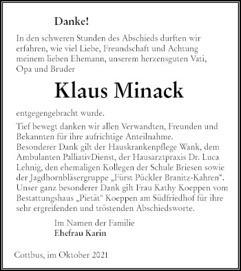 Traueranzeige von Klaus Minack von lausitzer_rundschau