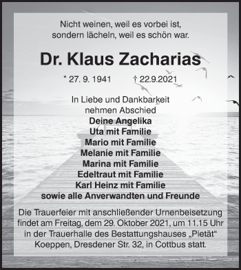 Traueranzeige von Klaus Zacharias von lausitzer_rundschau