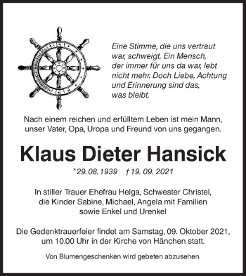 Traueranzeige von Klaus Dieter Hansick von lausitzer_rundschau