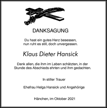 Traueranzeige von Klaus Dieter Hansick von lausitzer_rundschau