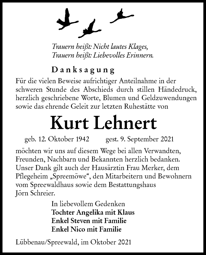  Traueranzeige für Kurt Lehnert vom 23.10.2021 aus lausitzer_rundschau