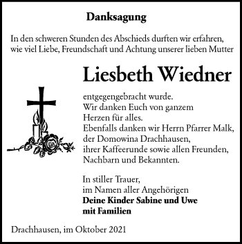 Traueranzeige von Liesbeth Wiedner von lausitzer_rundschau