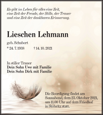 Traueranzeige von Lieschen Lehmann von lausitzer_rundschau