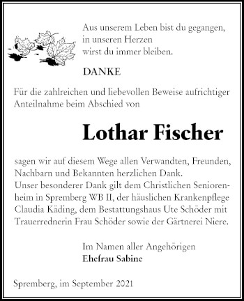 Traueranzeige von Lothar Fischer von lausitzer_rundschau