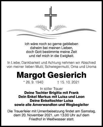 Traueranzeige von Margot Gesierich von lausitzer_rundschau