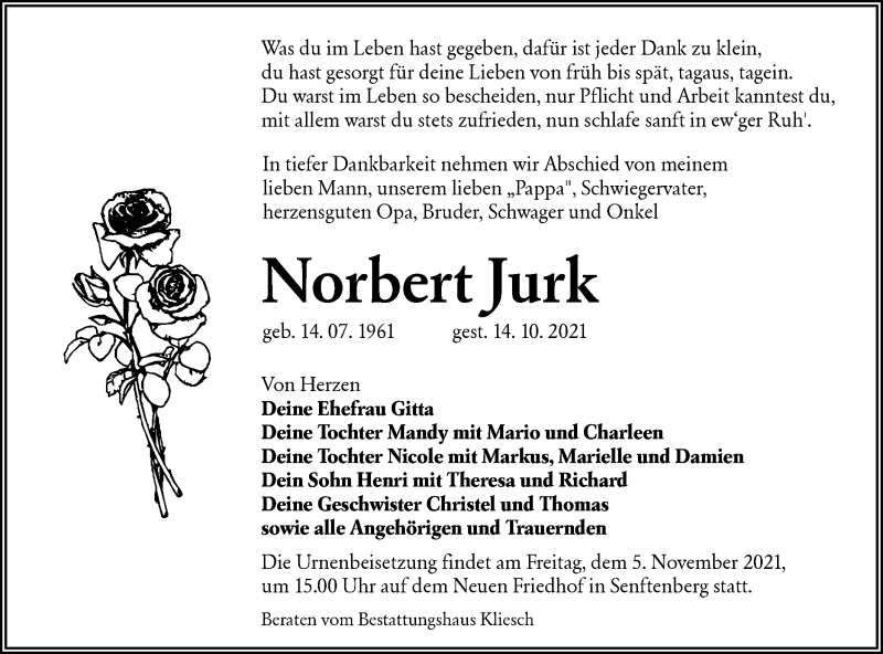  Traueranzeige für Norbert Jurk vom 23.10.2021 aus lausitzer_rundschau