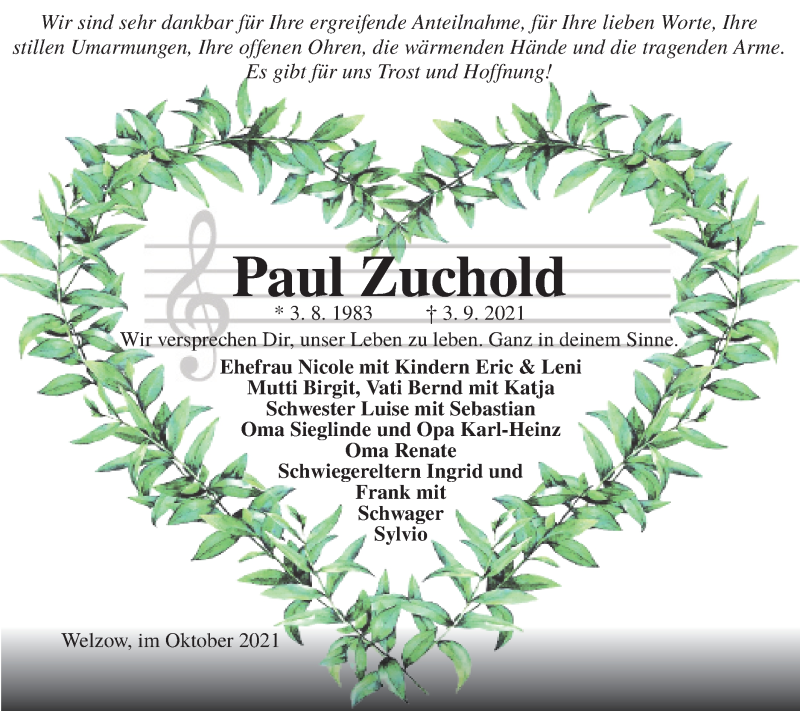 Traueranzeige für Paul Zuchold vom 02.10.2021 aus lausitzer_rundschau