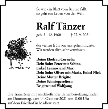 Traueranzeige von Ralf Tänzer von lausitzer_rundschau