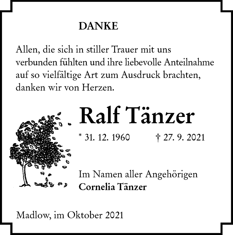  Traueranzeige für Ralf Tänzer vom 30.10.2021 aus lausitzer_rundschau