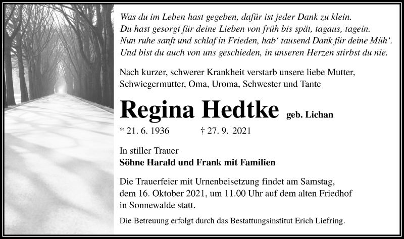  Traueranzeige für Regina Hedtke vom 02.10.2021 aus lausitzer_rundschau