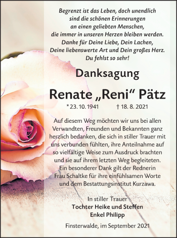 Traueranzeige von Renate Pätz von lausitzer_rundschau